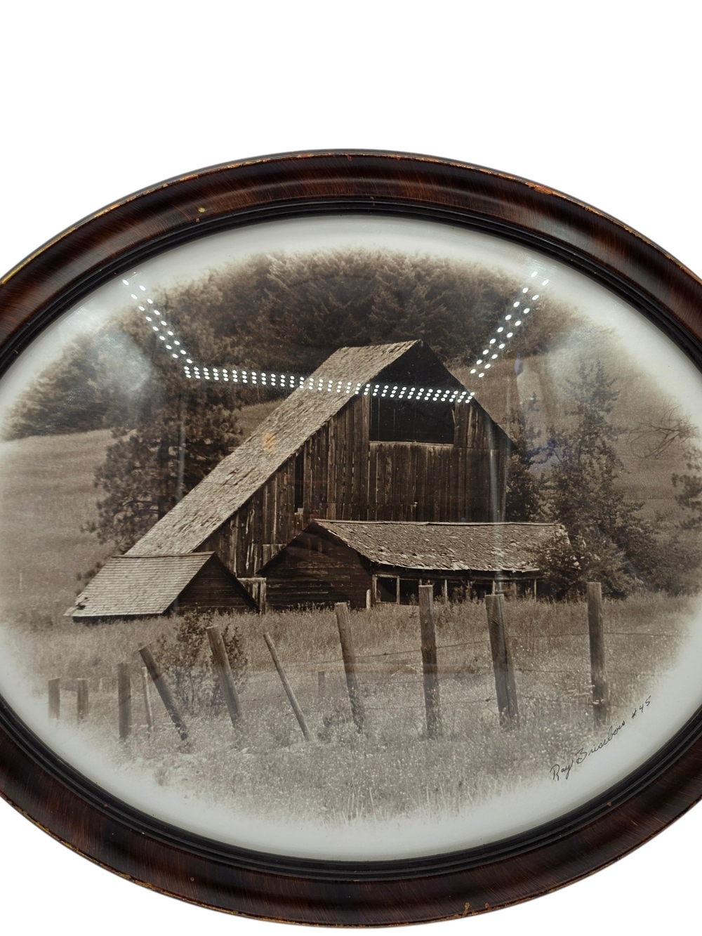 Large Oval Antique Convex Dome Framed Artwork Ray Brisebois 22in by 18in Farm